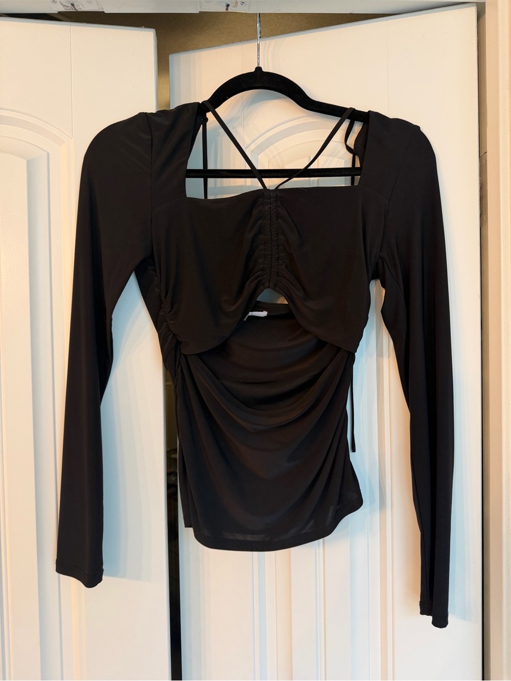 Wayf Black Long Sleeve Ruched Back Cutout Top
